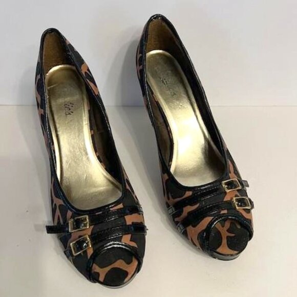 Candies Open Toe Animal Print / Leopard Print Black Heels Vintage size 10 - Picture 1 of 6